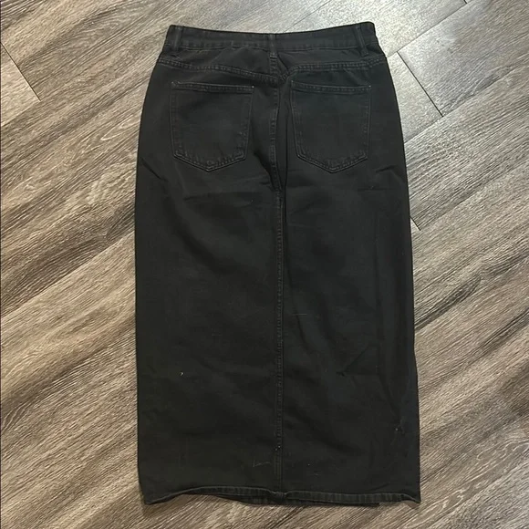 High Waisted Black Denim Maxi Pencil Skirt with Slit - Picture 3 of 6